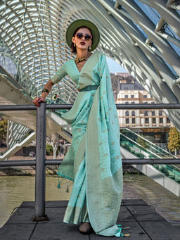 Odette - Women's Green Woven Saree with Unstitched Blouse