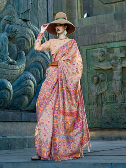 Odette - Women's Cream Printed Saree with Unstitched Blouse