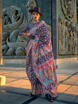 Odette - Women's Grey Printed Saree with Unstitched Blouse