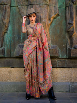 Odette - Women's Brown Printed Saree with Unstitched Blouse