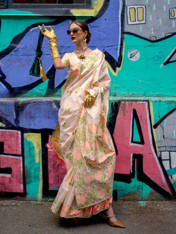 Odette - Women's Off White Woven Saree with Unstitched Blouse