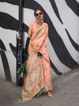 Odette - Women's Peach Woven Saree with Unstitched Blouse
