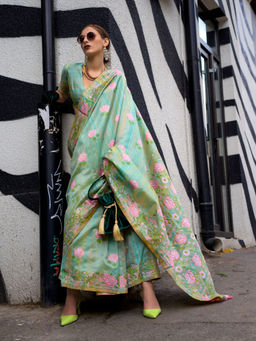 Odette - Women's Green Woven Saree with Unstitched Blouse