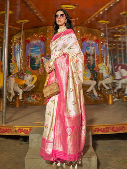 Odette - Women's Off White Woven Saree with Unstitched Blouse