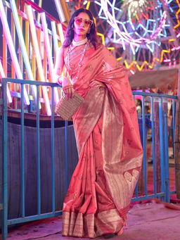 Odette - Women's Pink Woven Saree with Unstitched Blouse