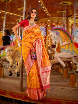 Odette - Women's Mustard Woven Saree with Unstitched Blouse