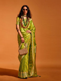 Odette - Women's Green Woven Saree with Unstitched Blouse