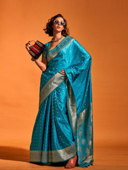 Odette - Women's Blue Woven Saree with Unstitched Blouse