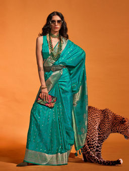 Odette - Women's Teal Woven Saree with Unstitched Blouse