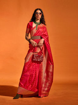 Odette - Women's Red Woven Saree with Unstitched Blouse