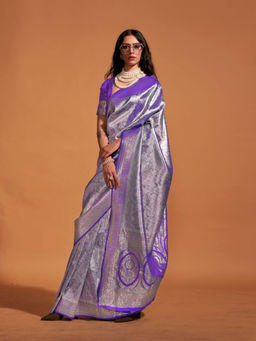 Odette - Women's Purple Floral Saree with Unstitched Blouse