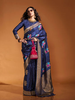Odette - Women's Navy Blue Woven Saree with Unstitched Blouse