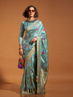 Odette - Women's Blue Woven Saree with Unstitched Blouse