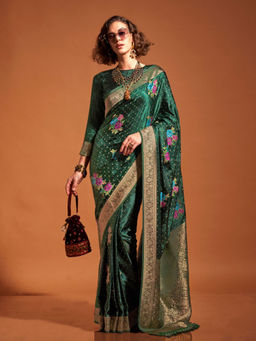 Odette - Women's Green Woven Saree with Unstitched Blouse