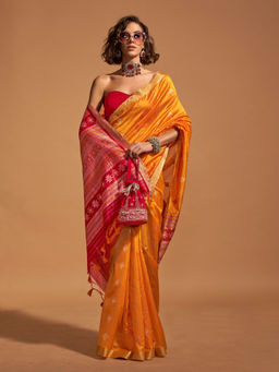 Odette - Women's Yellow Woven Saree with Unstitched Blouse