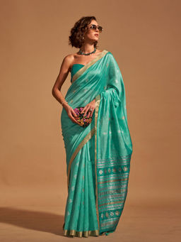 Odette - Women's Turquoise Woven Saree with Unstitched Blouse