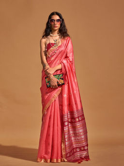 Odette - Women's Pink Woven Saree with Unstitched Blouse