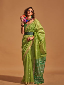 Odette - Women's Green Woven Saree with Unstitched Blouse