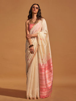 Odette - Women's Off White Woven Saree with Unstitched Blouse
