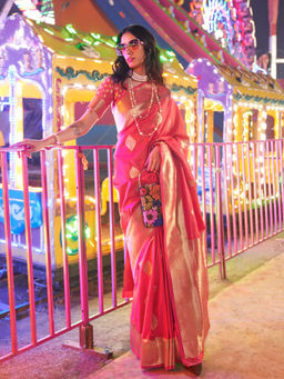 Odette - Women's Pink Woven Saree with Unstitched Blouse