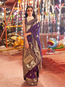 Odette - Women's Purple Woven Saree with Unstitched Blouse