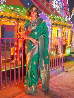 Odette - Women's Green Woven Saree with Unstitched Blouse