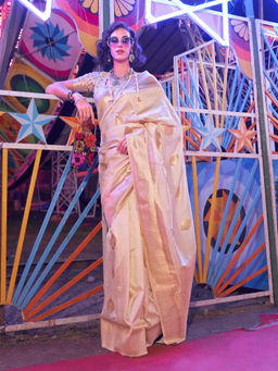 Odette - Women's Off White Woven Saree with Unstitched Blouse