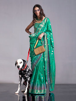 Odette - Women's Green Woven Saree with Unstitched Blouse