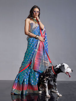 Odette - Women's Blue Woven Saree with Unstitched Blouse
