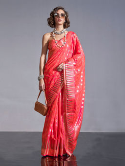 Odette - Women's Orange Woven Saree with Unstitched Blouse