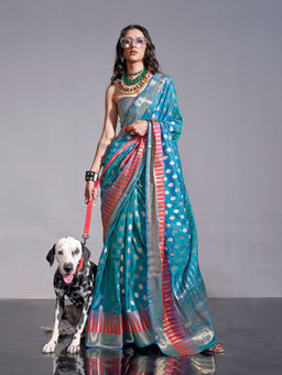 Odette - Women's Teal Woven Saree with Unstitched Blouse