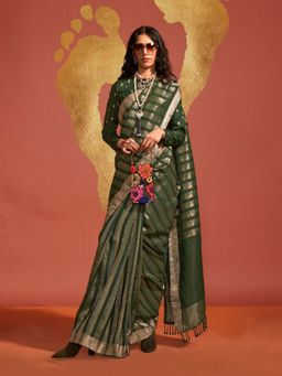 Odette - Women's Olive Woven Saree with Unstitched Blouse