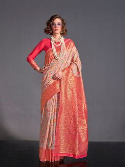 Odette - Women's Peach Paisley Saree with Unstitched Blouse