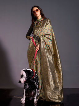 Odette - Women's Black Paisley Saree with Unstitched Blouse