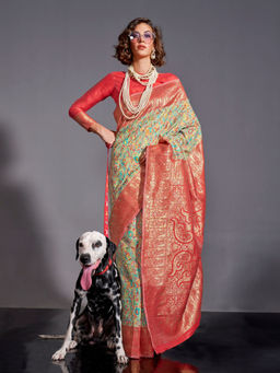 Odette - Women's Green Paisley Saree with Unstitched Blouse