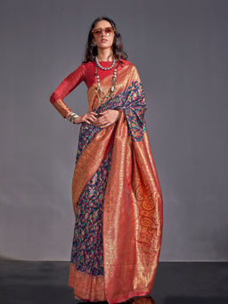 Odette - Women's Navy Blue Paisley Saree with Unstitched Blouse