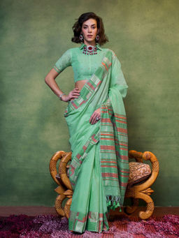 Odette - Women's Green Woven Saree with Unstitched Blouse