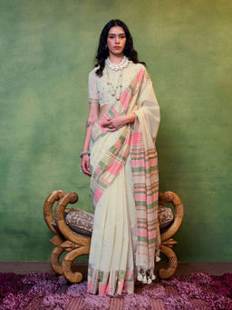 Odette - Women's Beige Woven Saree with Unstitched Blouse