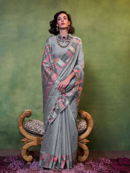 Odette - Women's Grey Woven Saree with Unstitched Blouse