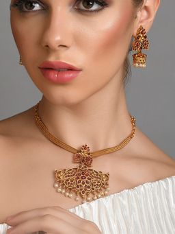 Fida - Wedding Handmade Ethnic Temple Gold -Plated Green Maroon Stone White Pearl Jewellery Set