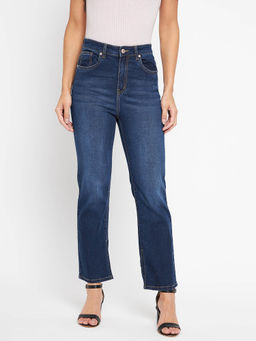 Madame - Women Navy Blue Mid Waist Straight Jeans
