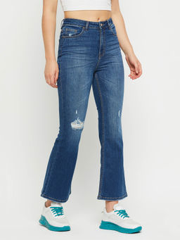 Madame - Women Navy Blue Mid Waist Straight Jeans