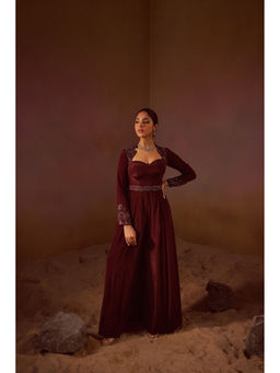 Qunic - Deep Maroon Full Sleeves Hand Embroidery Jumpsuit with Belt (Set of 2)