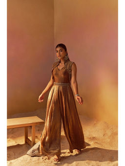 Qunic - Shimmer Gold Attached Jacket Jumpsuit with Hand Embroidery Belt (Set of 2)