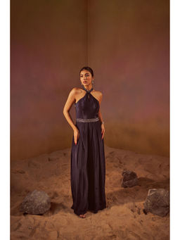 Qunic - Navy Blue Halter Neck Jumpsuit with Hand Embroidery Belt (Set of 2)