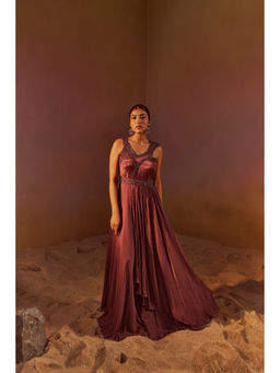 Qunic - Dark Mauve Indowestern Hand Embroidery Gown with Belt (Set of 2)