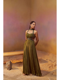 Qunic - Dusty Olive Green Halter Neck Indowesternn Gown