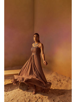 Qunic - Light Brown Indowestern Gown with Hand Embroidery Belt (Set of 2)