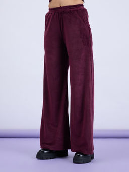 MIXT by Nykaa Fashion - Maroon Solid High Waist Wide Leg Velour Trousers