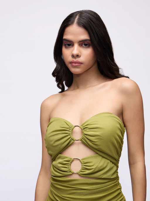 solid ruched tube dress Karymi Spring Dresses Solid Choker Strapless Tube Dress, Ruched Bodycon  Mesh Mini Dress with Tiered Ruffle Hem & Asymmetric Draped Ruffle, Cocktail  Dress Maxi Dress